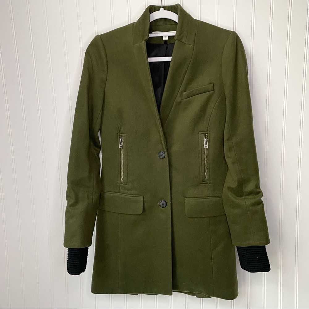 Veronica Beard Army Green Dickey Coat Size 2 & Black Cuffs Wool Blend